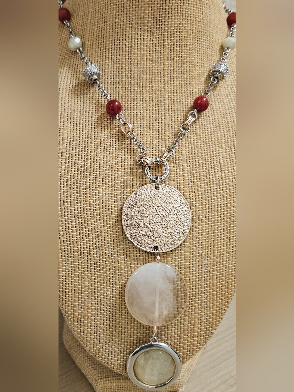 CHICO'S MEDALLION SILVER-TONE ROSE GOLD GLASS BEADS  BOHEMIAN LONG NECKLACE - Picture 5 of 16